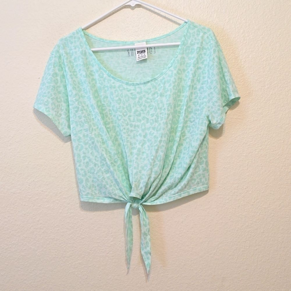 PINK Victoria's Secret Mint Green Cropped Front Tie Top with Lace Back - Size XS